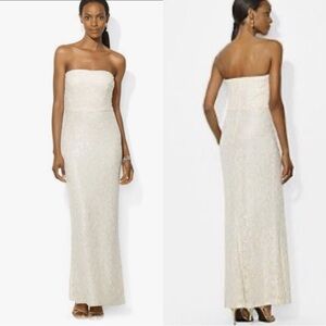 Lauren Ralph Lauren Strapless Sequin Lace Gown Cream Size 8
